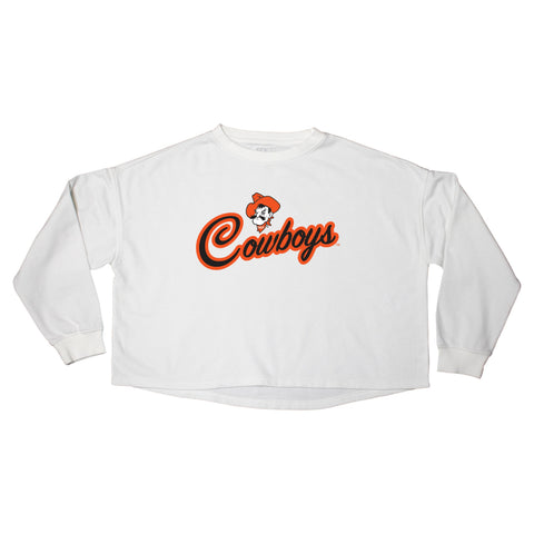 Blitz Script Crop Crewneck in Oklahoma State University