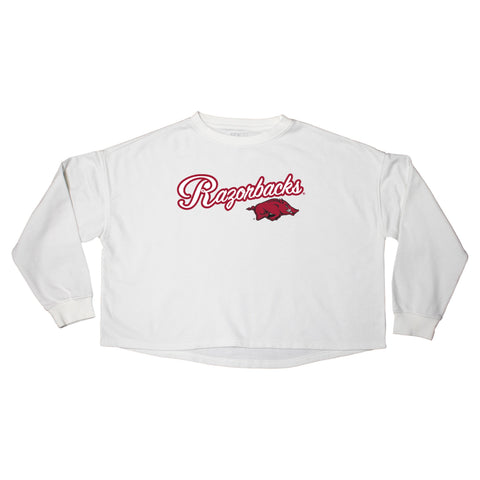 Blitz Script Crop Crewneck in University of Arkansas