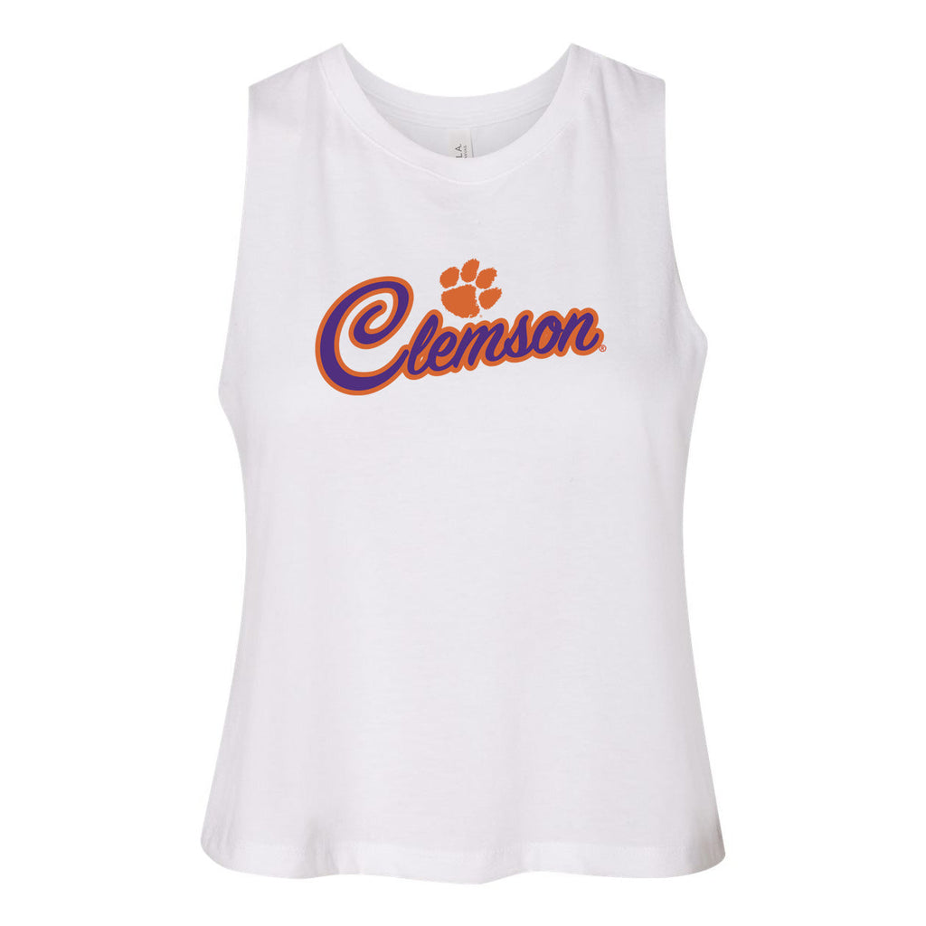 Blitz Script Women's Racerback Crop Tank in Clemson University