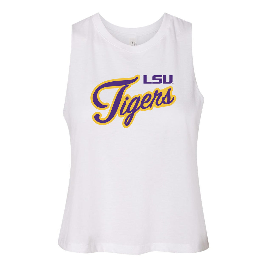 Blitz Script Women's Racerback Crop Tank in Louisiana State University