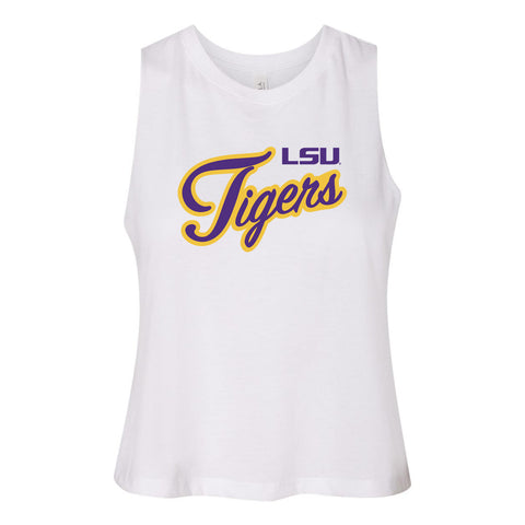 Blitz Script Women's Racerback Crop Tank in Louisiana State University