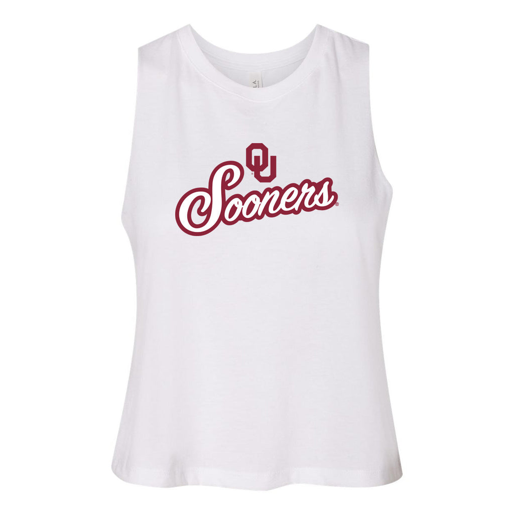 Blitz Script Women's Racerback Crop Tank in University of Oklahoma