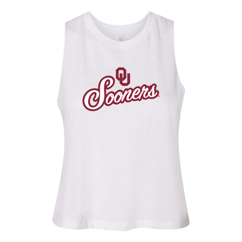 Blitz Script Women's Racerback Crop Tank in University of Oklahoma