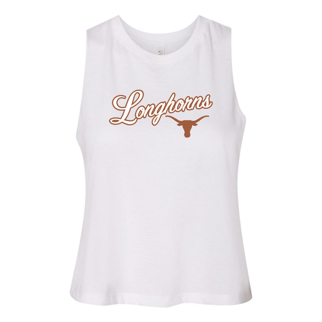 Blitz Script Women's Racerback Crop Tank in University of Texas
