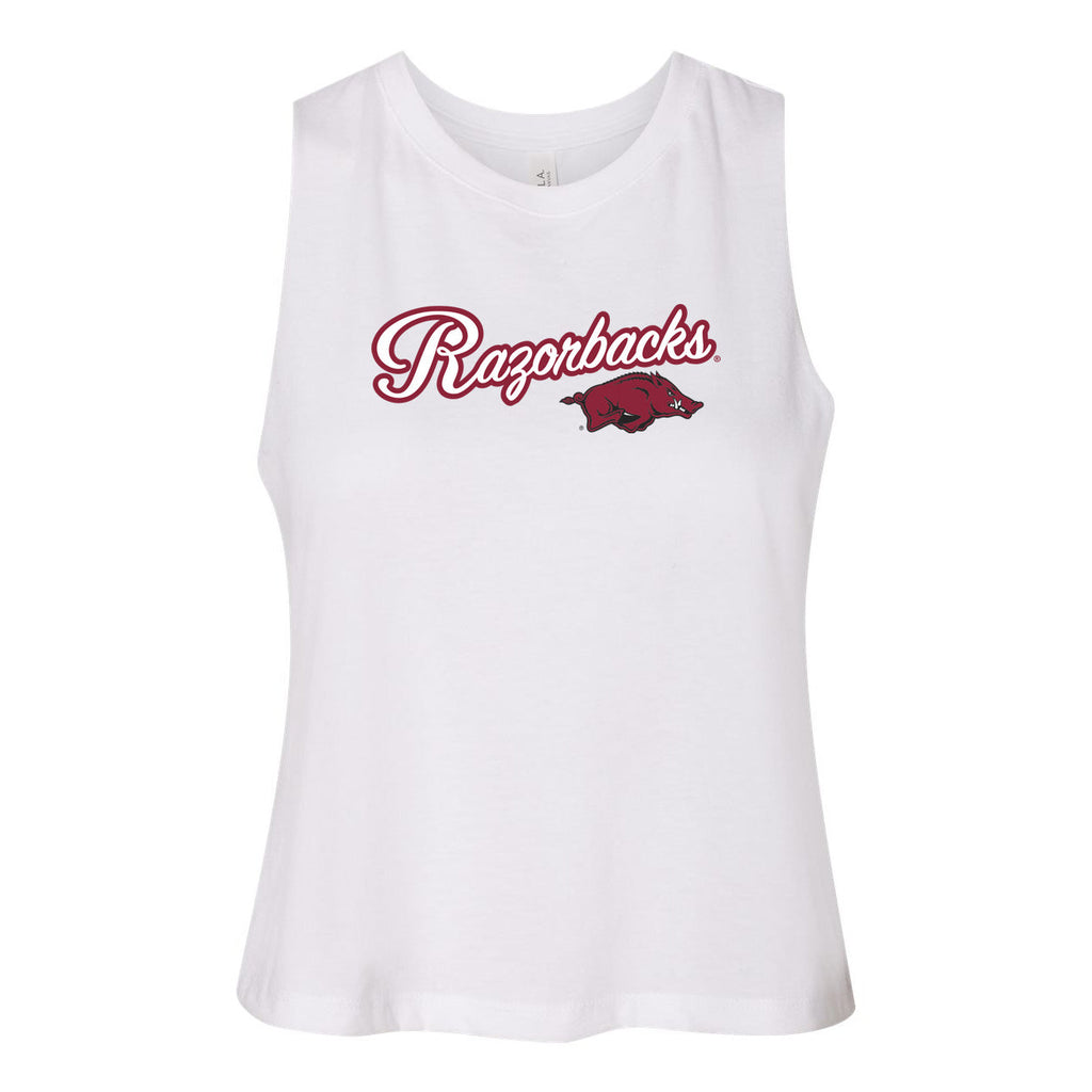 Blitz Script Women's Racerback Crop Tank in University of Arkansas
