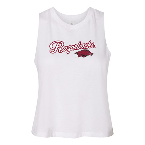 Blitz Script Women's Racerback Crop Tank in University of Arkansas
