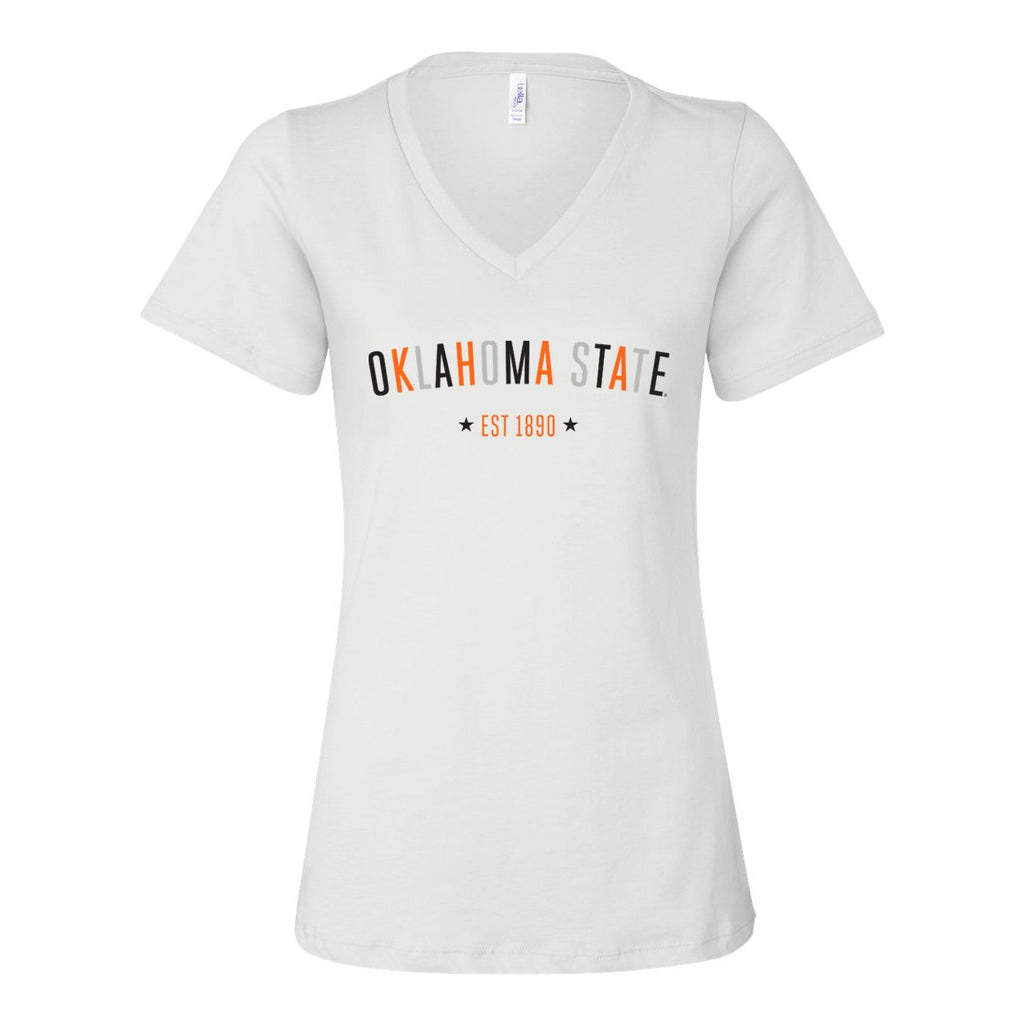 Oklahoma State University Star Arch V-neck Short Sleeve T-shirt in White