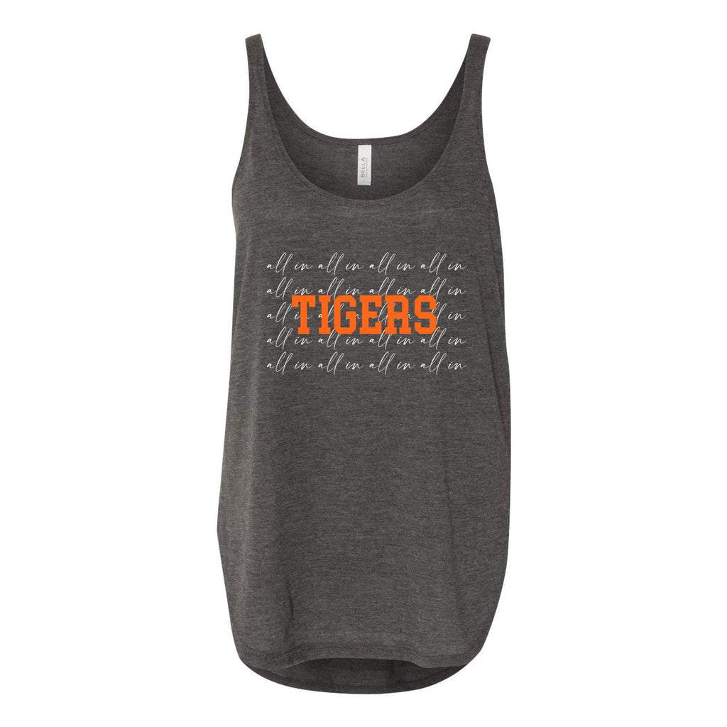 Clemson Universtiy College Script Women's Flowy Tank with Side Slit in Charcoal
