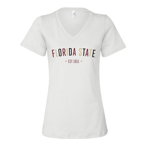 Florida State University Star Arch V-neck Short Sleeve T-shirt in White