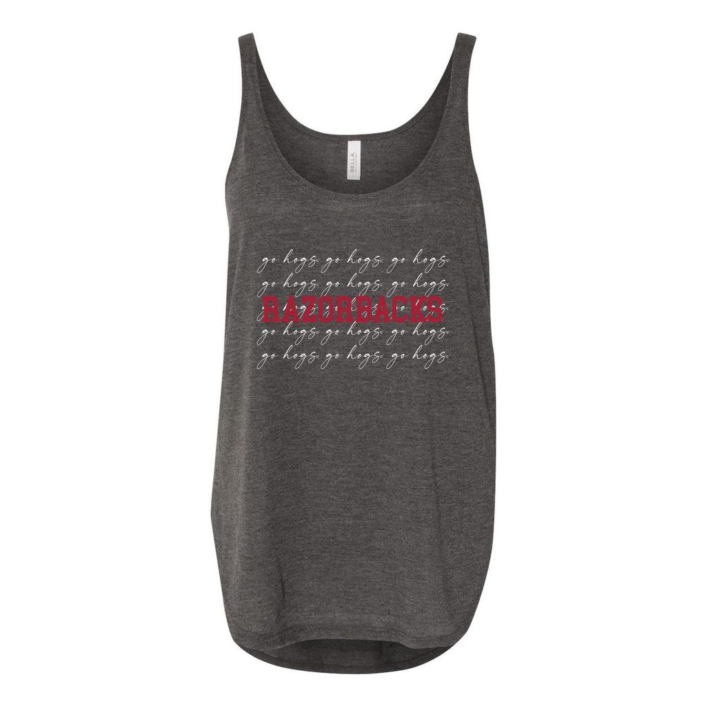 University of Arkansas, Fayetteville College Script Women's Flowy Tank with Side Slit in Charcoal