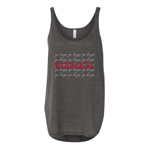 University of Arkansas, Fayetteville College Script Women's Flowy Tank with Side Slit in Charcoal