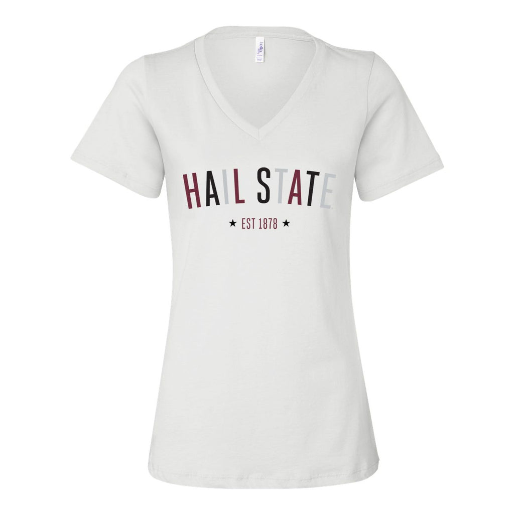 Mississippi State University Star Arch V-neck Short Sleeve T-shirt in White