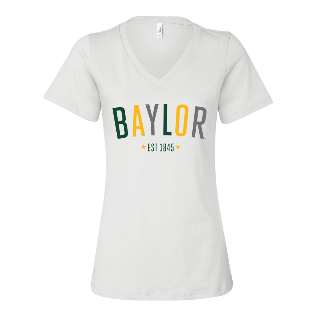 Baylor University Star Arch V-neck Short Sleeve T-shirt in White