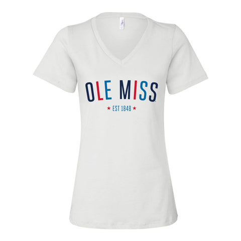 University of Mississippi Star Arch V-neck Short Sleeve T-shirt in White