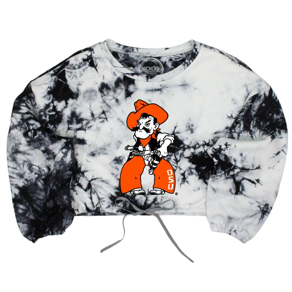 Oklahoma State University Endzone Tie-Dye Crop Pullover in Black & White